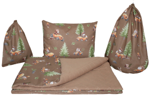 Muślinowy komplet do przedszkola FOXI CHOCO 5el: kołderka + poduszka + worek