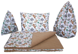 Muślinowy komplet do przedszkola DINO CHOCO 5el: kołderka + poduszka + worek